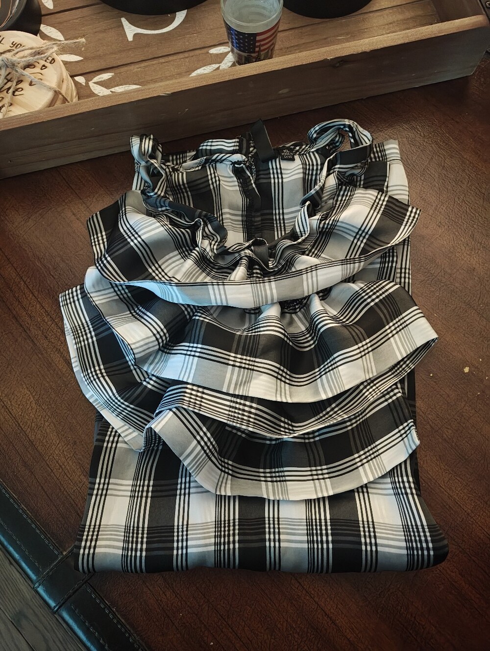 Essentials Black & White Plaid Ruffle Neck Sleeveless Blouse